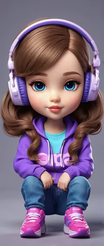 Chibi hermosa fashion urban sport chándal in medium large light brown hair and lïlac tones, blue eyes, a light pink lips, con auriculares ,sitting on the name " Celeste" illustration, 3d render, photo