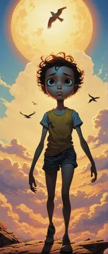 Tengo miedo del olvido.
De tu olvido.
Este amor de niño que tan solo un hombre puede brindarte está en mi pecho esperando desolado
,an artist painting a girl standing in the sun with birds flying abov