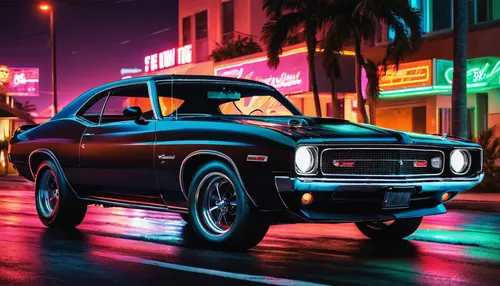 Experience the raw power of American muscle cars as you tear through the neon-lit streets of Miami.,chevrolet opala,ford maverick,shelby charger,70's icon,retro car,dodge charger,pontiac gto,muscle ic