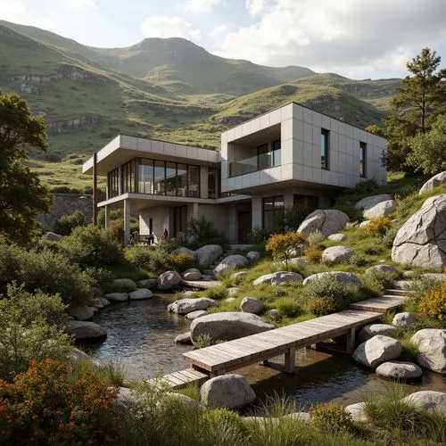 house in the mountains,3d rendering,house in mountains,snohetta,render,modern house,renders,dunes house,landscaped,3d render,home landscape,house by the water,3d rendered,renderings,modern architecture,the cabin in the mountains,mid century house,beautiful home,alpine style,alpine landscape