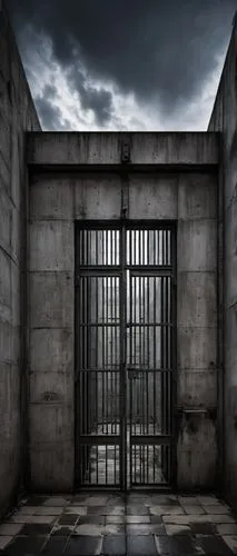 Modern prison building, brutalist architecture style, concrete walls, steel bars, narrow windows, solitary confinement cell, dim lighting, cold atmosphere, stone floors, metal doors, industrial design