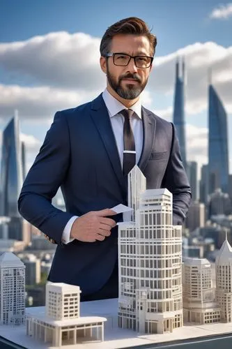 Mature male, architect, 35yo, short brown hair, glasses, beard, formal attire, white shirt, black tie, dark blue suit, holding blueprints, standing in front of a large-scale model, modern skyscraper d