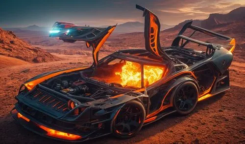 CARS, HOT WHEEL CARS, TURBO FIRE,a very unique looking car on the ground with its hood open,halloween car,halloween truck,onrush,motorstorm,mad max,ramtron,Photography,General,Fantasy