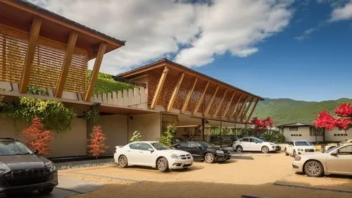 mountain background and tropical tree ,an image of cars parked at a parking lot,ecovillages,nakusp,car showroom,kaslo,ecovillage,bumthang,Photography,General,Realistic