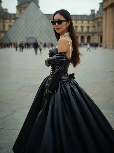 a woman in black is posing in front of a building,versailles,ball gown,louvre,gothic dress,ballgown,duchesse