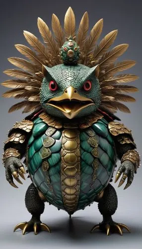 An extraordinary and vicious nutcracker, crafted in the likeness of a mythical creature, combining elements of a turtle, cat, and chicken. Its powerful jaws hold a large nut, while its eyes glow with 