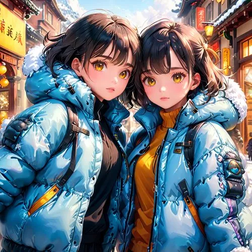 two girls in their big oversized puffy coats backwards on them,two women with blue jackets posing in the street,longmei,winter clothing,two girls,winter festival,winter clothes,shenmue,Anime,Anime,Gen