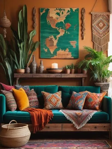 Bohemian style, indoor scene, vintage rug, distressed wooden floor, eclectic mix of furniture, velvet sofa, macrame wall hanging, colorful Moroccan tiles, lush green plants, woven basket chairs, fring