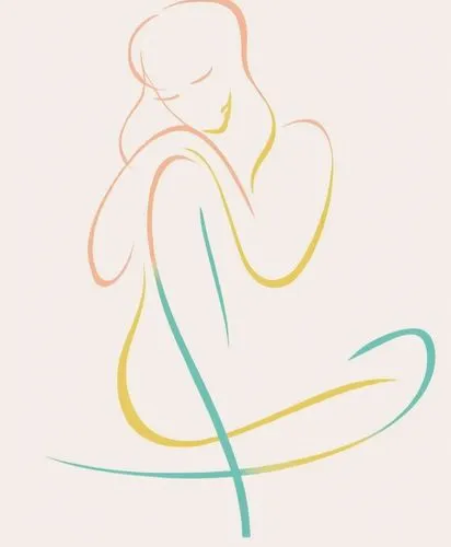 line art illustration, minimalist, silhouette, young woman, slim, women's health, pastel colors ,a drawing of a woman with long hair,lotus position,padmasana,pregnant woman icon,contortion,eurythmy,ha