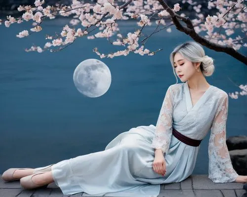 hanfu,blue moon rose,ao dai,japanese woman,maiko,suzong,moon phase,geiko,moonglow,guqin,hanami,moondragon,hansung,tomoe,moon addicted,uji,moon,moonflower,cold cherry blossoms,kikkawa,Art,Artistic Painting,Artistic Painting 46