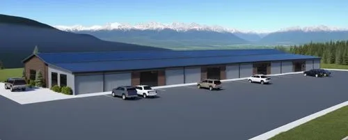  contractor buildings with drive in garage doors, light gray metal siding, brown metal siding roofs, parking lot surrounding building, trees and mountains in the near background,sketchup,carports,ski 