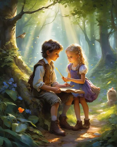 children studying,little boy and girl,girl and boy outdoor,children drawing,children's fairy tale,children's background,happy children playing in the forest,children learning,vintage boy and girl,boy and girl,a fairy tale,playing outdoors,fairy tale,little girl reading,kids illustration,little angels,romantic scene,fairies,love letter,childhood friends,Conceptual Art,Oil color,Oil Color 03