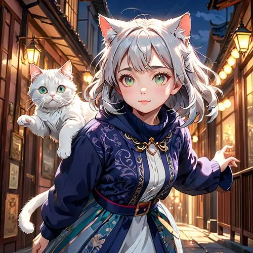 silver tabby,two cats,cat child,stray cat,cat with blue eyes,piko,white cat,nyan,cute cat,gray cat,cat,meteora,violet evergarden,cheshire,heterochromia,domestic short-haired cat,cg artwork,cat lovers,cat's cafe,uruburu,Anime,Anime,General