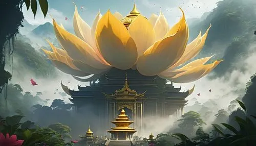 golden lotus flowers,shambhala,stone lotus,dhamma,abhidhamma,water lotus,Conceptual Art,Fantasy,Fantasy 02