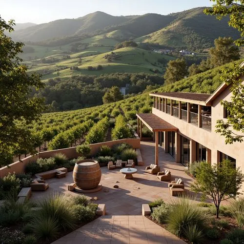 Vineyard landscape, rolling hills, lush green vines, rustic stone walls, wooden trellises, wine barrels, cellar doors, modern winery architecture, curved lines, large windows, glass roofs, natural lig