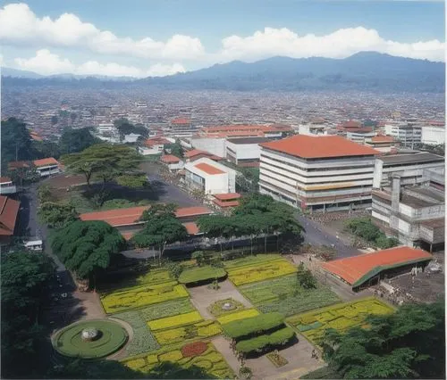 Bandung city view in 1980,a town with several buildings and trees,ucv,brawijaya,ufrj,javeriana,ratulangi,ukm,Illustration,Realistic Fantasy,Realistic Fantasy 05