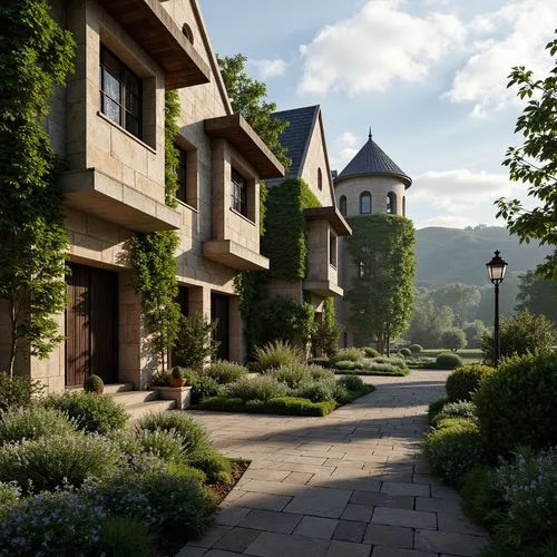 Rustic stone walls, ivy-covered facades, grand entrance gates, ornate ironwork, stained glass windows, turrets and towers, asymmetrical compositions, natural stone pathways, lush greenery, blooming fl