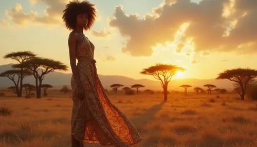 Savannah-inspired, African woman, natural hair, afro, earthy tones, tribal makeup, flowing maxi dress, leaf pattern, V-neck, bare feet, standing, savannah landscape, acacia trees, sunset, warm golden 