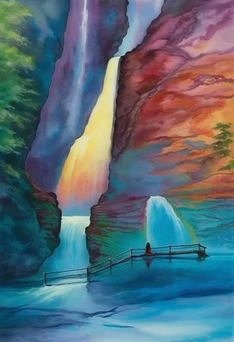 beautiful lady swimming, long hair , white vest in the water, wide view with waterfalls and green forest abanding,a painting of a waterfall and people walking over it,rainbow bridge,water fall,bridal 