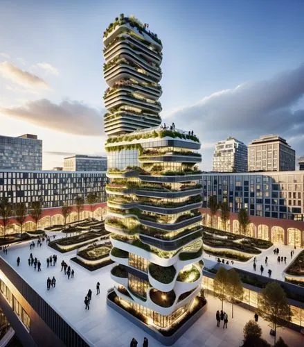 In a vibrant city center, a cutting-edge high-rise tower with a biophilic façade of ETFE cushions and vertical gardens stands alongside a striking 3D-printed community center. The tower’s dynamic desi