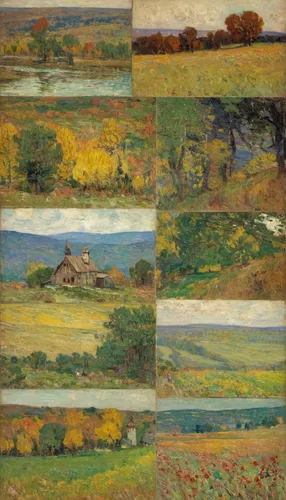 September ), 1892 by Theodore Clement Steele (1847-1926, United States) | Museum Quality Reproductions | ArtsDot.com,meadow in pastel,autumn landscape,farm landscape,braque du bourbonnais,paintings,pa