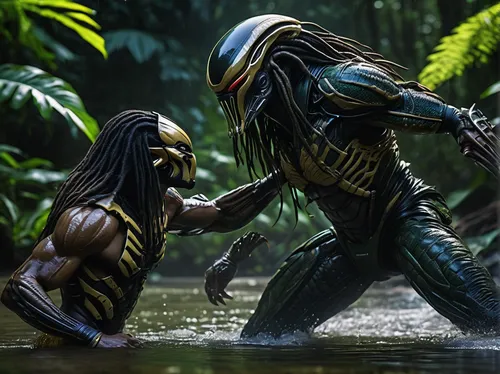 predator,predators,alien warrior,confrontation,black warrior,encounter,duel,scorpion,battle,full hd wallpaper,predation,digital compositing,warrior east,golden ritriver and vorderman dark,cg artwork,face to face,exotic species,fight,sparring,venomous,Illustration,American Style,American Style 08