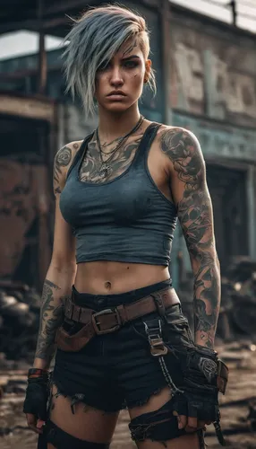 punk,tattoo girl,renegade,post apocalyptic,pubg mascot,female warrior,lis,hard woman,croft,lara,merle black,enforcer,gi,scrapyard,barb wire,cyberpunk,piper,punk design,nora,mercenary,Photography,Documentary Photography,Documentary Photography 19