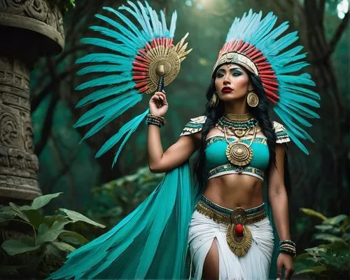 Aztec goddess, Mictecacihuatl, standing, powerful pose, feathered headdress, intricate turquoise jewelry, dark skin, bold eyebrows, red lips, ornate chest plate, flowing white and black skirt, ankle b