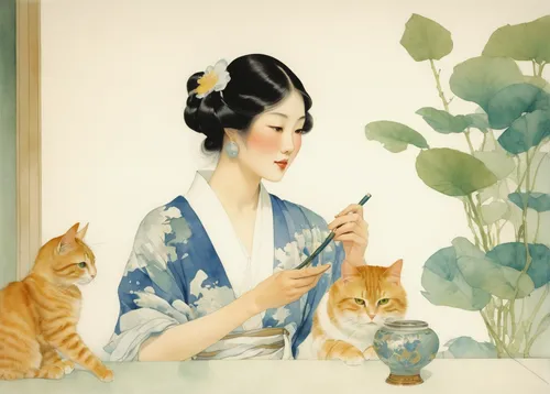 japanese art,oriental painting,tea ceremony,ikebana,japanese bobtail,japanese woman,cat drinking tea,junshan yinzhen,japanese culture,vintage cat,vintage illustration,vintage cats,mari makinami,geisha,chinese art,geisha girl,japanese tea,japanese floral background,cool woodblock images,oriental girl,Illustration,Paper based,Paper Based 23