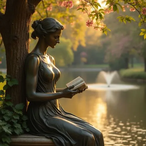 Bronze statue, romantic campus, golden hour, soft warm light, gentle shadows, lush greenery surroundings, beautiful blooming flowers, tranquil lake or fountain nearby, delicate water ripples, subtle m