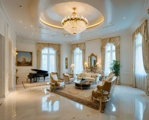 Luxury living room ,โทนสีขาว น้ำเงิน มีแกรนด์เปียโน , ,large elegant living room with chandelier and a grand piano,luxury home interior,great room,breakfast room,luxury property,ornate room,palladiani