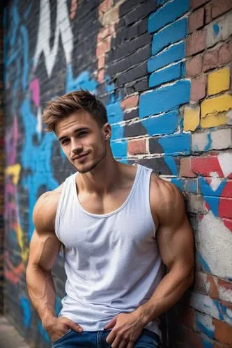 Male, muscular man, 25-30yo, strong jawline, short brown hair, messy styling, bright blue eyes, facial stubble, small nose ring, casual smile, relaxed posture, white tank top, ripped blue jeans, black