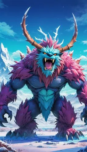 A primitive monster in a frozen wasteland.,kaido,akuma,gurren,fenrir,barghuti,hydrelia,golias,tsathoggua,susanoo,trundle,wulfric,warwick,drakon,jayasimha,jotun,beheira,darigan,poro,rakshasa,gengar,Ill