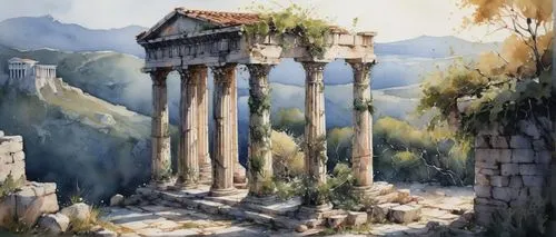 ancient city,ancient buildings,ruins,delphi,pillars,artena,roman columns,the ruins of the,greek temple,seregil,garni,the ancient world,ancient ruins,mystras,acropolis,ancient house,stylites,meteora,tholos,roman temple,Illustration,Paper based,Paper Based 20