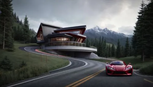 alpine drive,house in the mountains,underground garage,3d rendering,alpine style,mountain highway,house in mountains,scuderia,alpine route,mountain road,mountain pass,ford gt 2020,3d car wallpaper,renderings,steep mountain pass,render,the cabin in the mountains,concept car,speciale,competizione