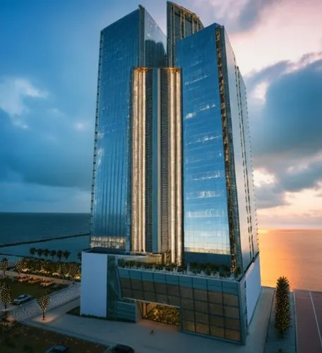 a building sitting on top of a lush green field,rotana,escala,gdynia,azrieli,netanya,largest hotel in dubai,Photography,General,Cinematic