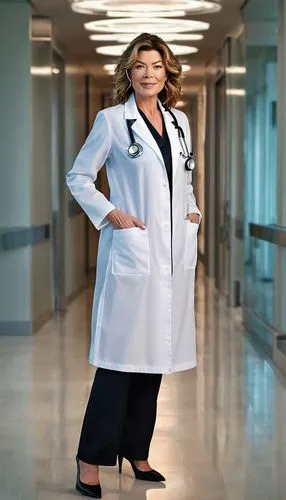 Architectural Digest, Ellen Pompeo, mature lady, (40yo), beautiful detailed eyes, light makeup, curly brown hair, elegant smile, white doctor's coat, stethoscope around neck, formal black pants, high 