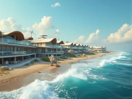 seaside resort,beach resort,beachfront,oceanfront,the hotel beach,3d rendering,seaside view,tradewinds,south seas,beach house,shorefront,shorecrest,seasteading,hotel riviera,render,beachhouse,beach restaurant,dunes house,speightstown,over water bungalow,Photography,General,Realistic