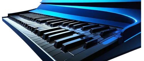 Piano keyboard, graphical illustration, futuristic design, metallic surface, reflective finish, glowing blue lights, intricate details, dynamic shape, low-angle shot, dramatic lighting, high-contrast 