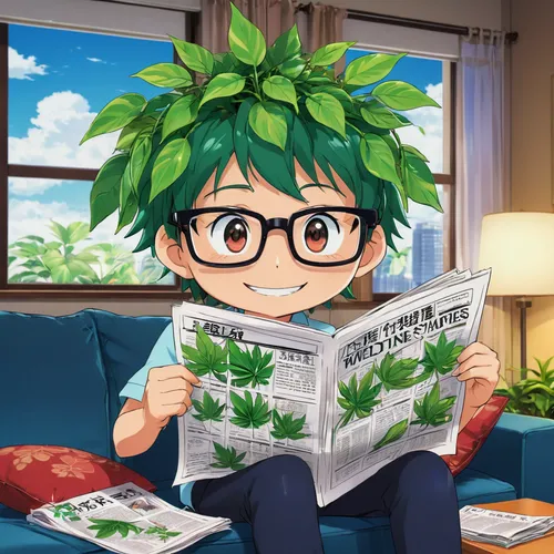 reading the newspaper,marie leaf,houseplant,money plant,newspaper reading,reading glasses,bookworm,leafy,chuka wakame,green living,four-leaf,giant leaf,my hero academia,melon,pot plant,broccoflower,blonde sits and reads the newspaper,relaxing reading,book glasses,lettuce leaves,Illustration,Japanese style,Japanese Style 03