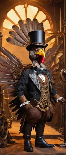 Steampunk turkey, mechanical wings, copper feathers, intricate gears, vintage goggles, top hat, monocle, leather corset, ornate boots, standing proudly, victorious pose, old-fashioned background, dust