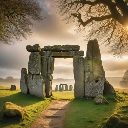 Ancient mysterious stone structure, Stonehenge portal, mystical aura, intricate carvings, worn rough stones, moss-covered, ancient trees surrounding, foggy atmosphere, misty morning, warm golden light