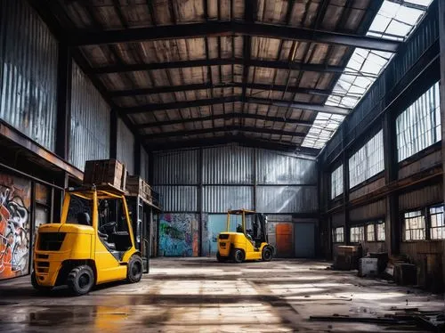 yellow machinery,forklifts,danger overhead crane,abandoned factory,forklift,empty factory,industrial hall,warehouse,fork lift,warehousing,loading dock,warehouses,industrie,industrial landscape,auto repair shop,industrielle,fabrik,scrap yard,industrielles,scrapyard,Illustration,Abstract Fantasy,Abstract Fantasy 14