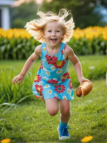 A playful corndog, outdoor, sunny day, green grass, colorful flowers, joyful atmosphere, a happy child, age 4-6, blonde hair, blue eyes, freckles, smiling face, holding a corndog, wearing a yellow sun