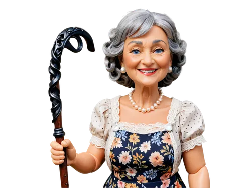 Old lady, toothless, smiling, wrinkled face, age spots, grey hair, curled hairstyle, pearl necklace, floral dress, lace apron, holding walking stick, standing, gentle posture, warm lighting, soft focu