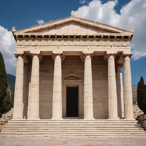 Ancient Greek Temple, Doric Order, stone columns, architrave, frieze, pediment, ornate carvings, marble floor, symmetrical facade, central entrance, stairs, ascending to the podium, distant mountains,