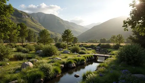 salt meadow landscape,cryengine,riverwood,riftwar,rivendell,river landscape,mountain stream,landscape background,mountain valley,render,rendalen,oberland,mountain meadow,green valley,3d rendered,alpine landscape,river bank,meadow landscape,brook landscape,glenfed