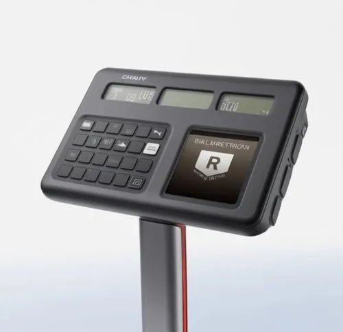 a calculator with a display on top of it,bar code scanner,payment terminal,tabulator,electronic medical record,photometer,radiophone,Photography,General,Realistic