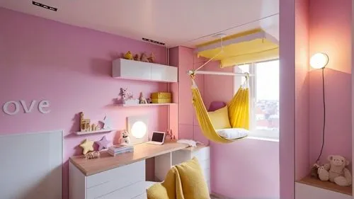 there is a room with a hammock hanging in the window,the little girl's room,doll house,baby room,kids room,beauty room,children's bedroom