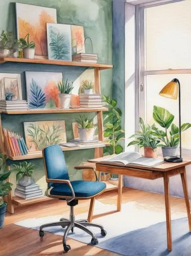 watercolor background,watercolor tea shop,workspace,study room,giaimo,watercolor shops,wooden desk,desk,working space,writing desk,watercolor cafe,office desk,sunroom,work space,study,houseplants,bookcase,bureau,bookcases,watercolor frames,Conceptual Art,Daily,Daily 17